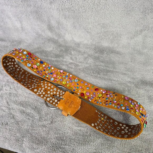Genuine Leather Belt Multicolored Rhinestones & Polished Ring Buckle Size M 43" - Picture 3 of 6